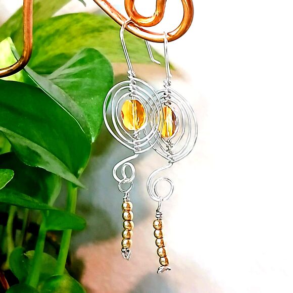 Boho Style Beaded Dangle Earrings, Wire Wrapped Glass, OOAK Statement Chic - Picture 7 of 9